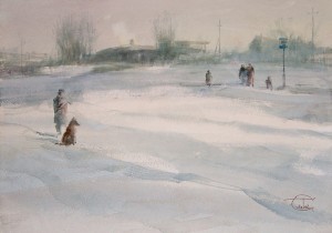 "Waiting for the bus" watercolor on paper, 35 x 50, 2012