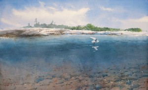 "Seagull's reflection in a windless hour" watercolor on paper, 34 x 56, 2012