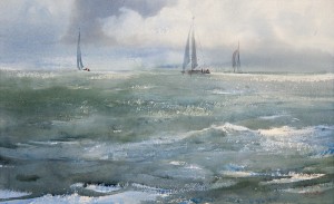 "The run of waves, clouds and yachts" watercolor on paper, 34 x 56, 2013