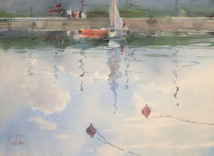 "Moorage wall and reflection" watercolor on paper, 41 x 56, 2013