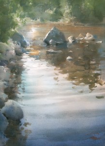 "Evening sun over backwater" watercolor on paper, 56 x 40, 2014