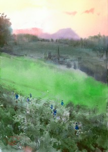 "The environs of Fabriano. Evening sun behind the mountains" watercolor on paper, 50 x 35, 2015