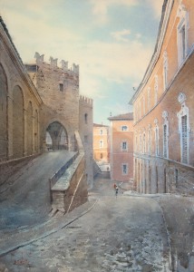 "The evening sun of Fabriano. Largo Bartolo da Sassoferrato" watercolor on paper, 57 x 41, 2015