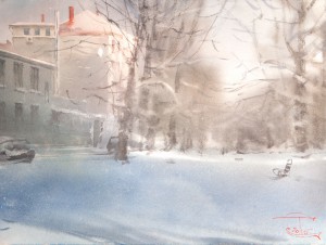 "The snowy alley" watercolor on paper, 28 x 37, 2016