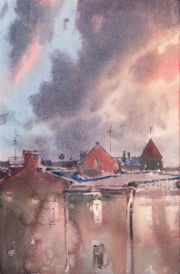 "Spring evening, the clouds and roofs" watercolor on paper, 24 x 16, 2016