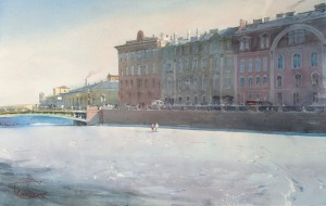 "The ice of Fontanka River" watercolor on paper, 33 x 51, 2017