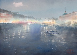 "The gold and blue of evening on Fontatnka River" watercolor on paper, 38 x 52, 2017