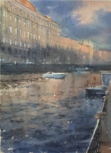 "The white boat on the Moyka river" watercolor on paper, 50 x 35, 2015