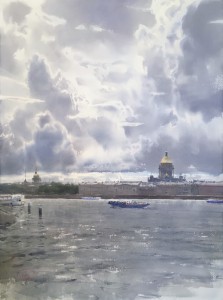 "The Sky over the Neva River" watercolor on paper, 76 x 56, 2019