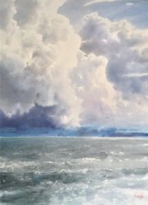 "The blueness of thunderclouds and the waves of a stormy sea" watercolor on paper, 77 x 56, 2019