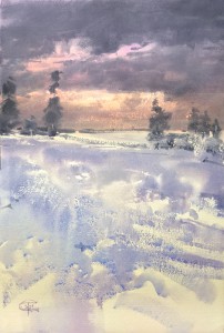 Snowy hills and the clouds bringing snow. Watercolor on paper. 56 x 38. 2021