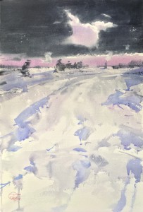 The winter light, clouds, and snowy plain. Watercolor on paper. 56 x 38 cm. 2021
