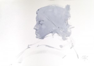 Girl's head. Quick sketch. Black & white gouache on paper. 42 x 29 cm