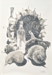 A couple of bottles, calabashes, and sunflowers. Black and white gouache on paper. 45 x 32 cm. 2022 © Sergey Temerev