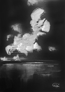 Clouds on the black XXII-I. White color on black paper. 41 x 30 cm. 2022