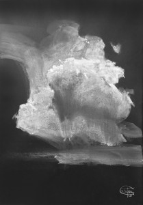 Clouds on the black XXII-IV. White color on black paper. 41 x 30 cm. 2022