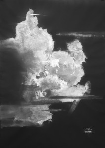 Clouds on the black XXII-VII. White color on black paper. 59 x 42 cm. 2022