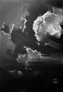 Clouds on the black XXII-X. White color on black paper. 59 x 42 cm. 2022