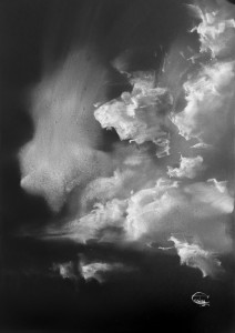 Clouds on the black XXII-XI. White color on black paper. 59 x 42 cm. 2022