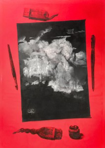 Everything that there on the paper-IV. Black & white gouache on the red paper. 59 x 42. 2022