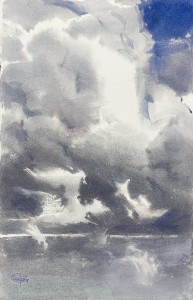 The Runners trough the Sky Depth - III. Watercolor on paper. 56,5 x 36,5 cm. 2023