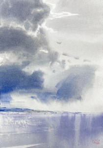 The thunderstorm front leaves to the far shore. Watercolor on paper. 29,5 x 20,7 cm. 2023