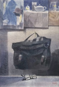 Black travel bag. Watercolor on paper. 56 x 38 cm. 2024