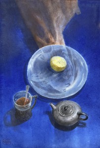 A lemon and the glass dish under the dazzling light. Watercolor on paper. 56 x 38 cm. 2024