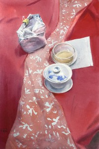 A foil pack and the Chinese cup, or a contemplation the red. Watercolor on paper. 56 x 38 cm. 2024