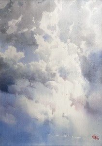 The unstoppable movement of clouds. Watercolor on paper. 56 x 38 cm. 2024